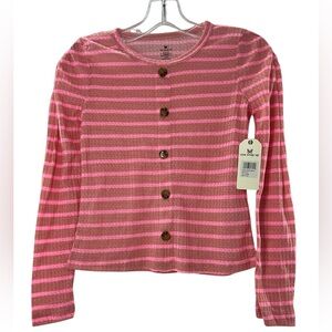 NWT One Step Ahead Pink and Brown Striped Button-Down Shirt M